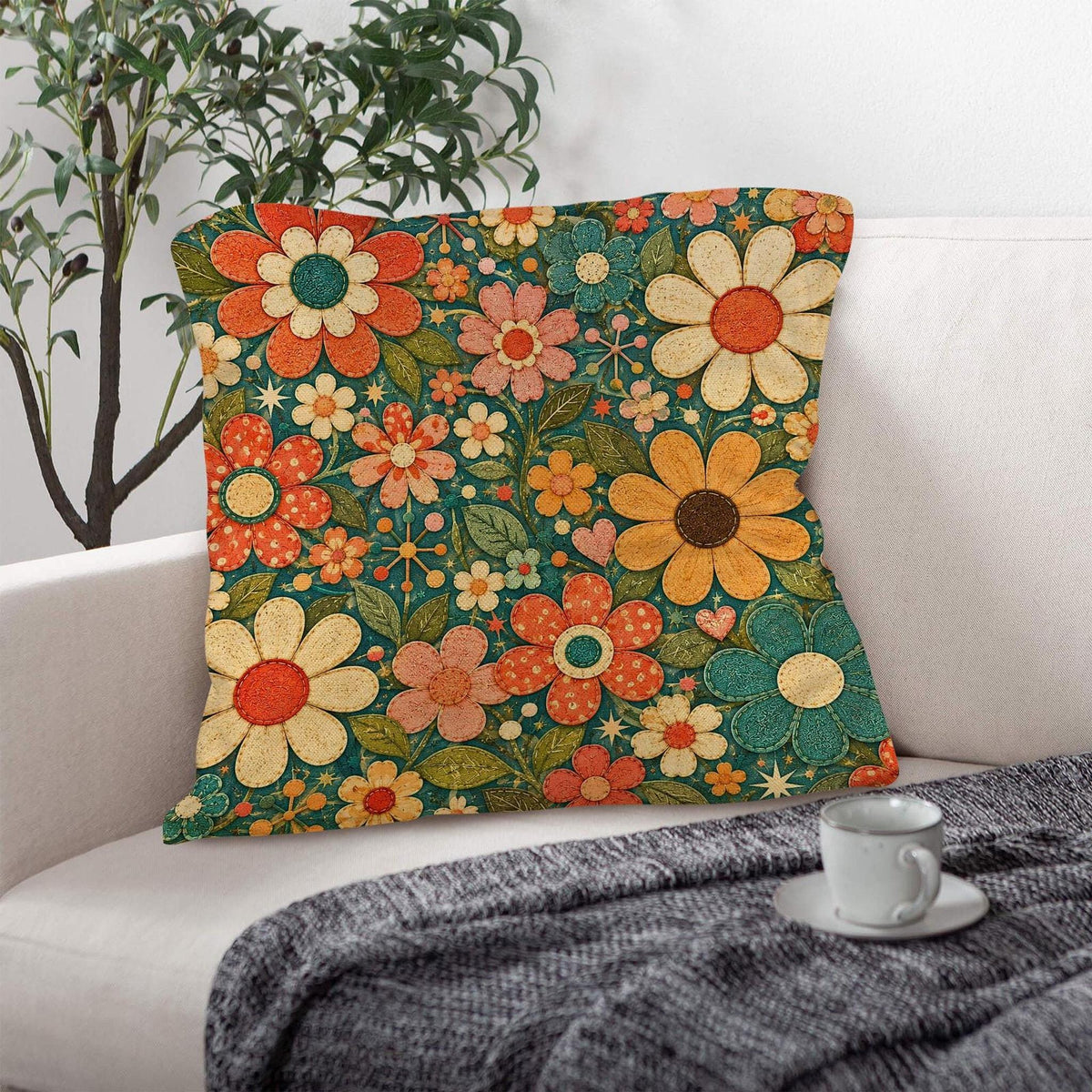 Retro Flower Pillow, 18x18 100% Polyester Faux Linen with Insert