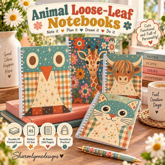 Animal Notebook Set of 4, Loose-Leaf Owl Cat Giraffe Highland Cow Designs