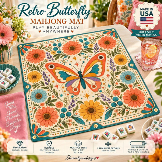 Retro Butterfly Mahjong Mat, Floral Polyester Surface, Non-Slip Rubber Backing
