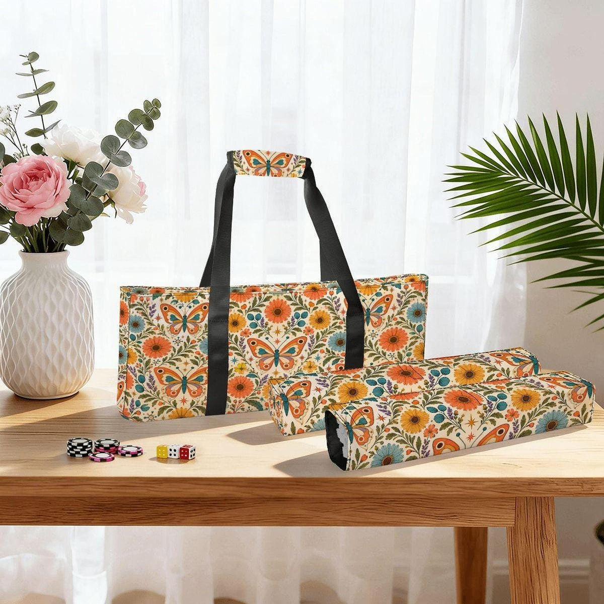 Retro Butterfly Mahjong Bag Set – 3 Piece Canvas Storage & Carrying Set
