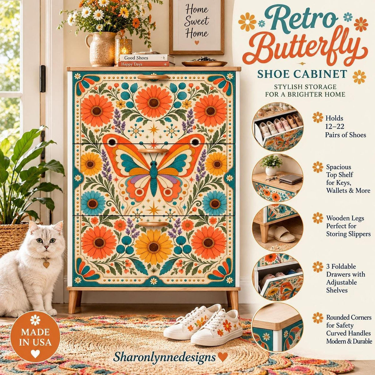 Retro Shoe Cabinet with Butterfly Floral Design, MDF Wood Storage, Three Flip-Down Drawers