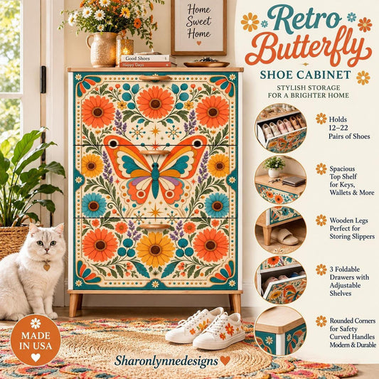 Retro Shoe Cabinet with Butterfly Floral Design, MDF Wood Storage, Three Flip-Down Drawers