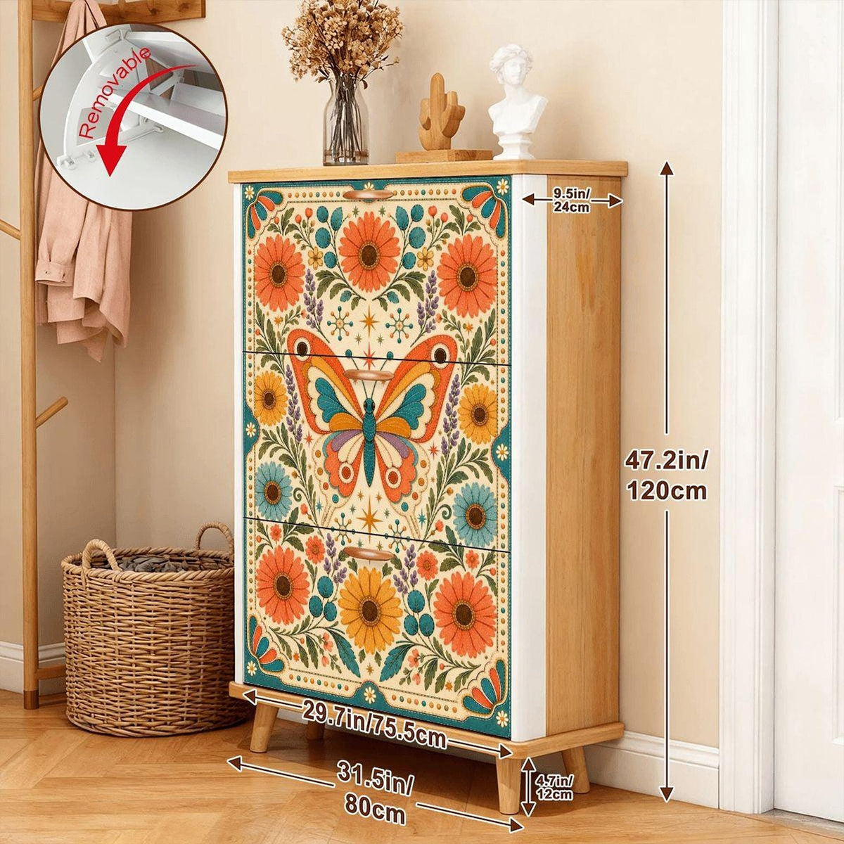 Retro Shoe Cabinet with Butterfly Floral Design, MDF Wood Storage, Three Flip-Down Drawers