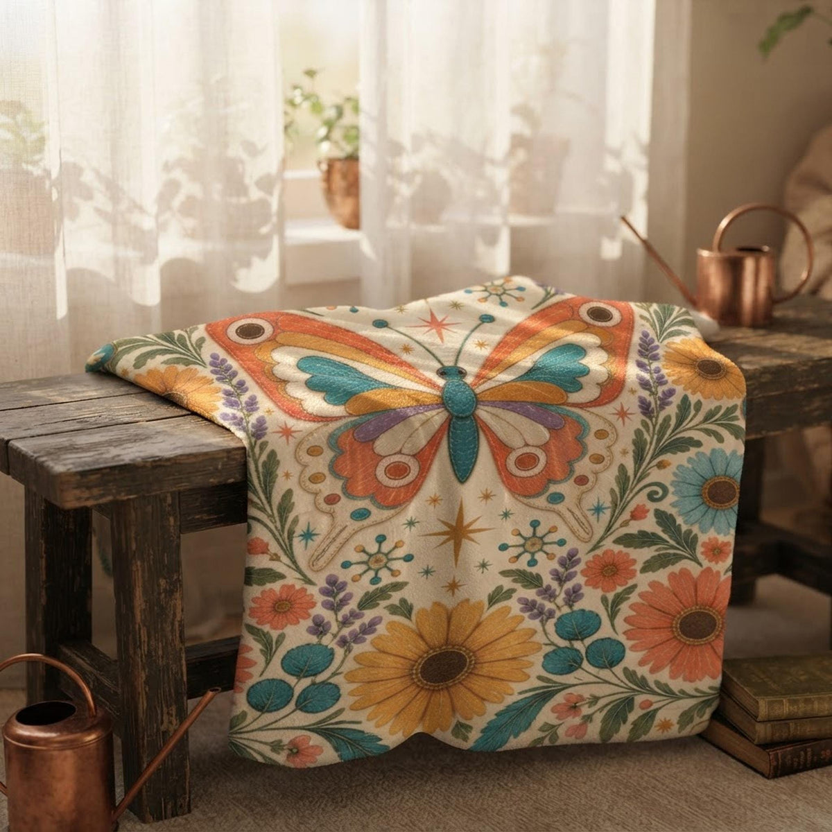 Butterfly Blanket, 90 x 108 Inch Sherpa Fleece with Retro Floral Design