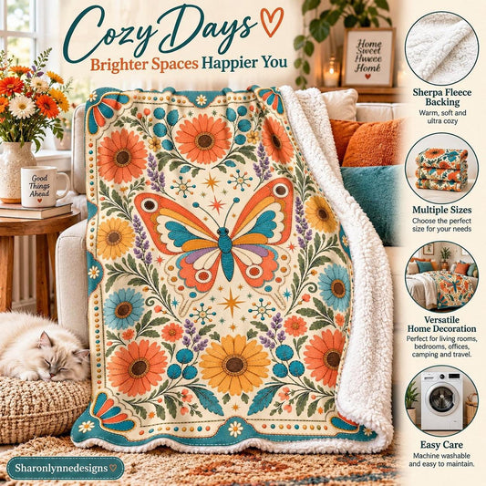 Butterfly Blanket, 90 x 108 Inch Sherpa Fleece with Retro Floral Design
