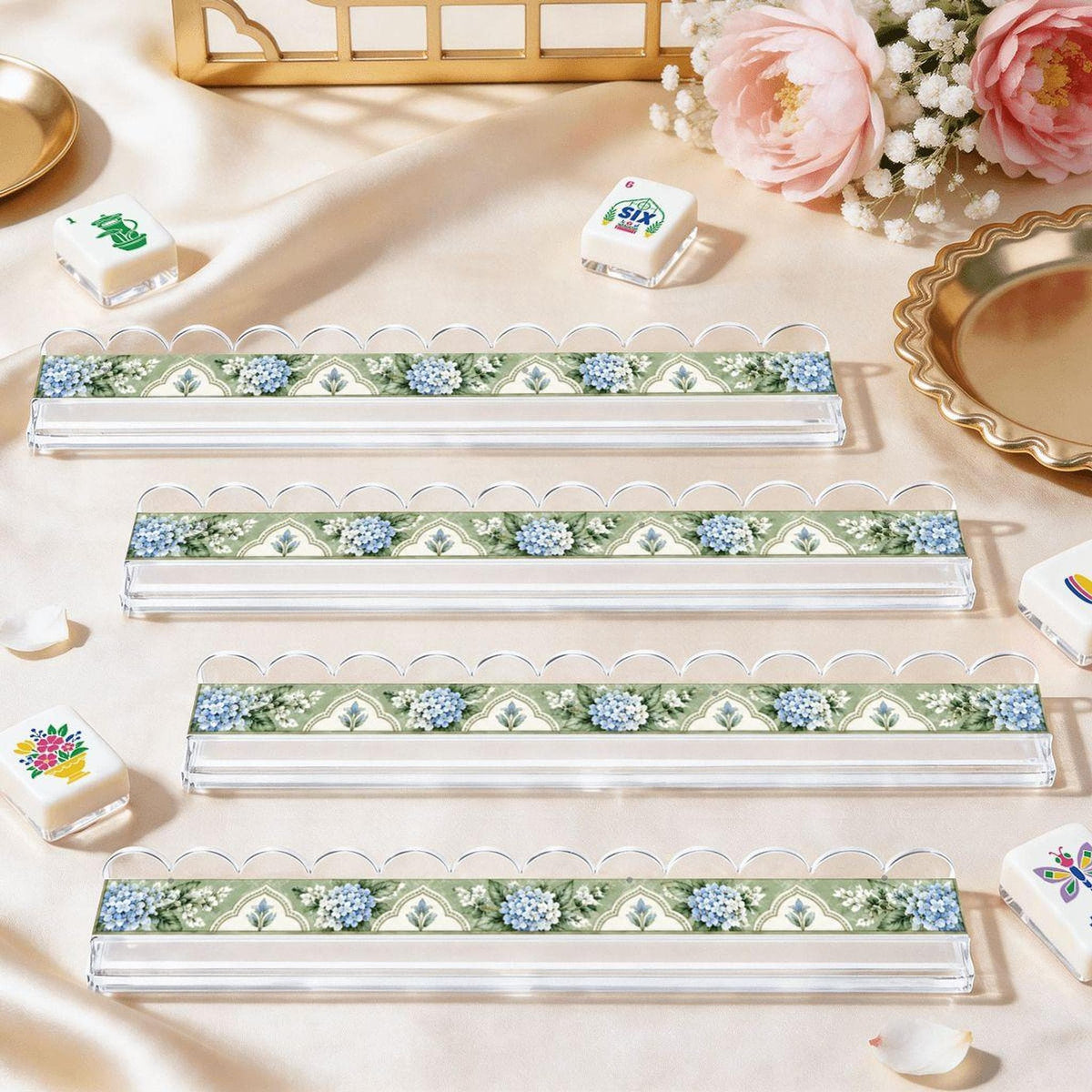 Sage Hydrangea Mahjong Rack Set, 4 Extended Acrylic with Magnetic Pushers