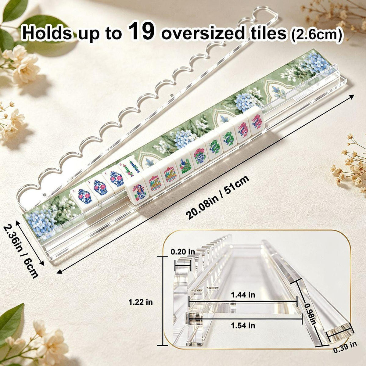 Sage Hydrangea Mahjong Rack Set, 4 Extended Acrylic with Magnetic Pushers