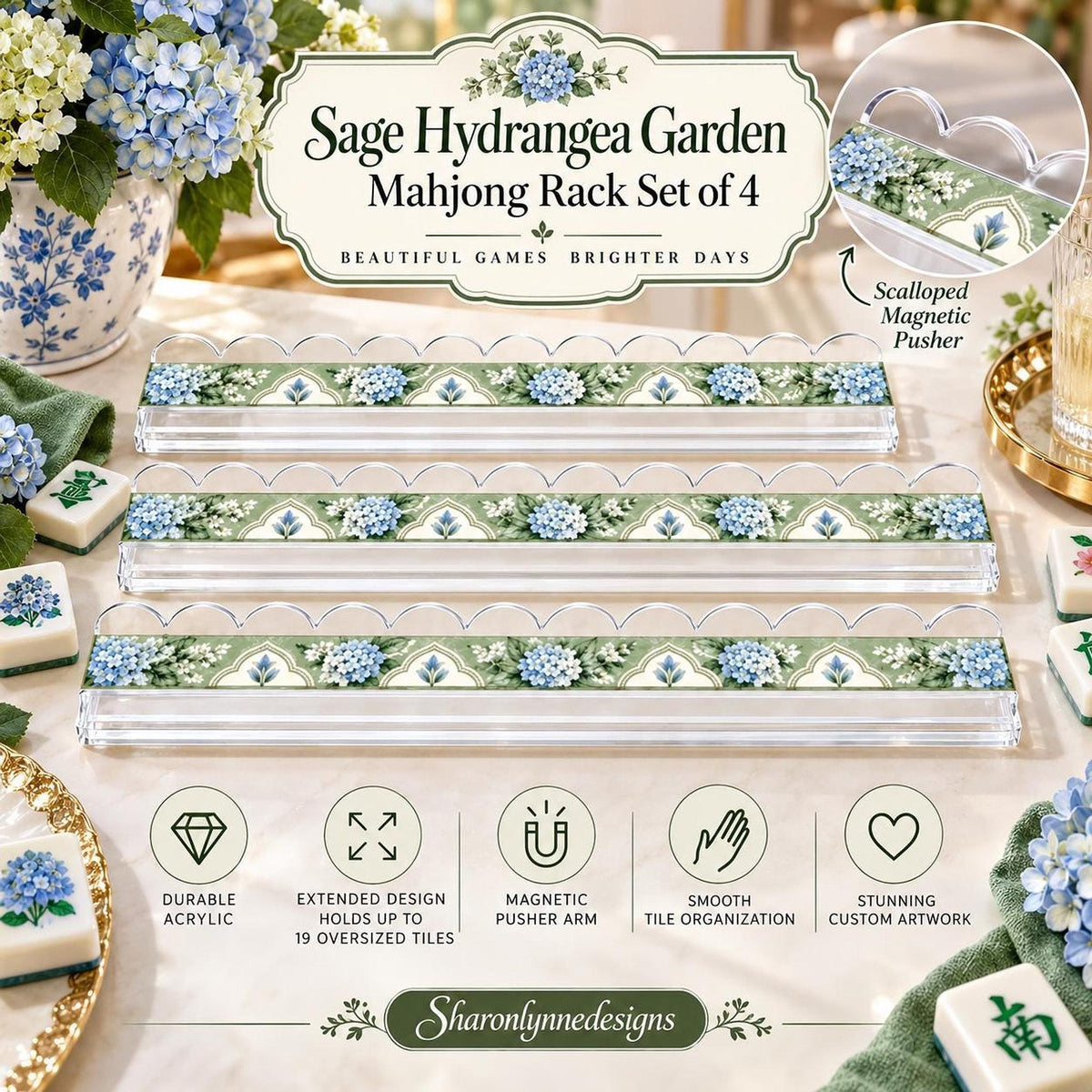 Sage Hydrangea Mahjong Rack Set, 4 Extended Acrylic with Magnetic Pushers