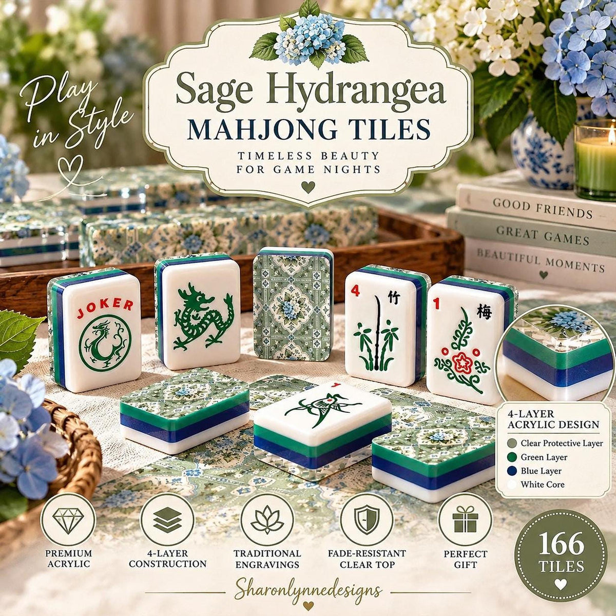 Sage Hydrangea American Mahjong Tile Set