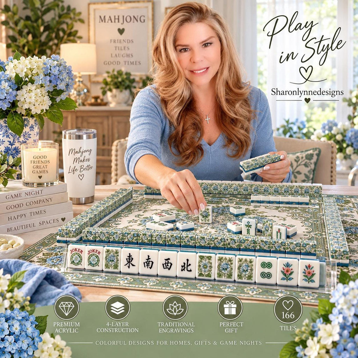 Sage Hydrangea American Mahjong Tile Set