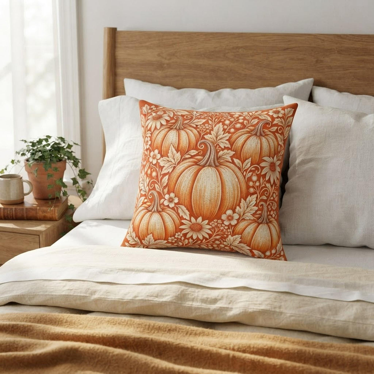 Pumpkin Pillow, Faux Suede Cover with Double-Sided Autumn Print