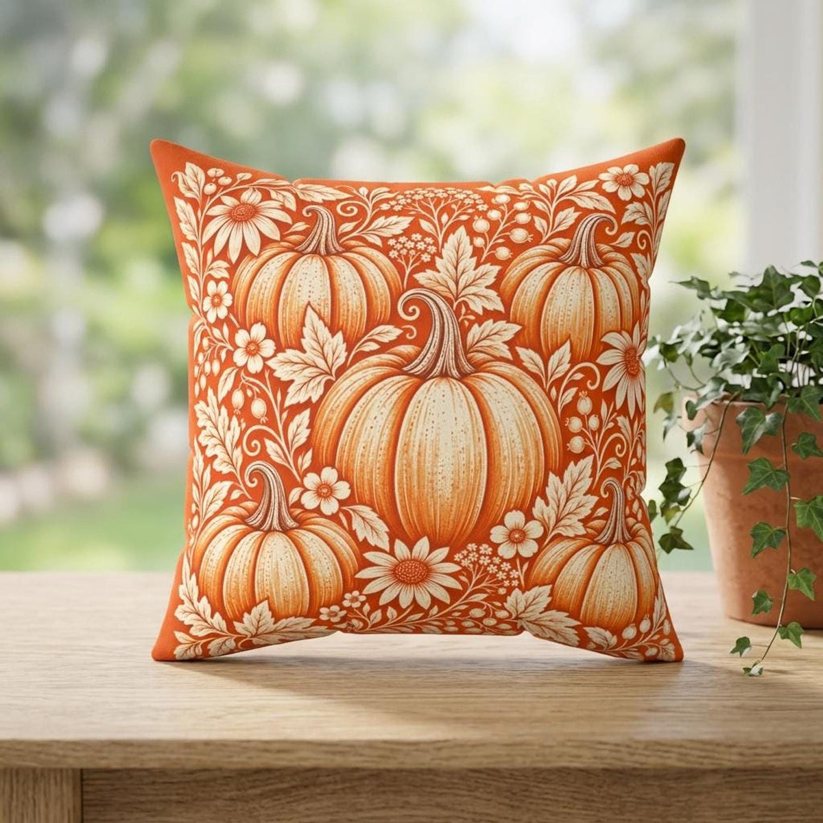 Pumpkin Pillow, Faux Suede Cover with Double-Sided Autumn Print