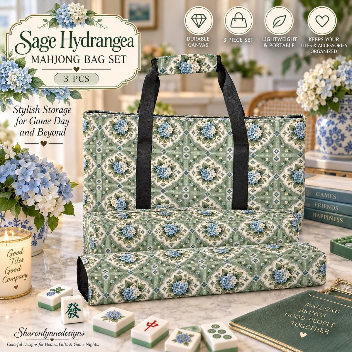 Sage Hydrangea Mahjong Bag Set, 3-Piece Canvas Storage Tote