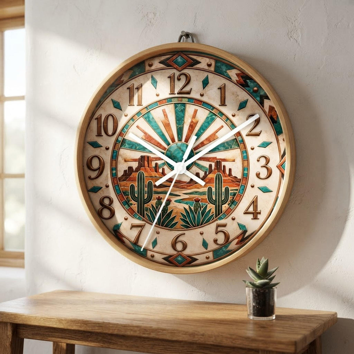 Southwest Desert Sunburst Wall Clock | Cactus Mesa Aztec Tile Design