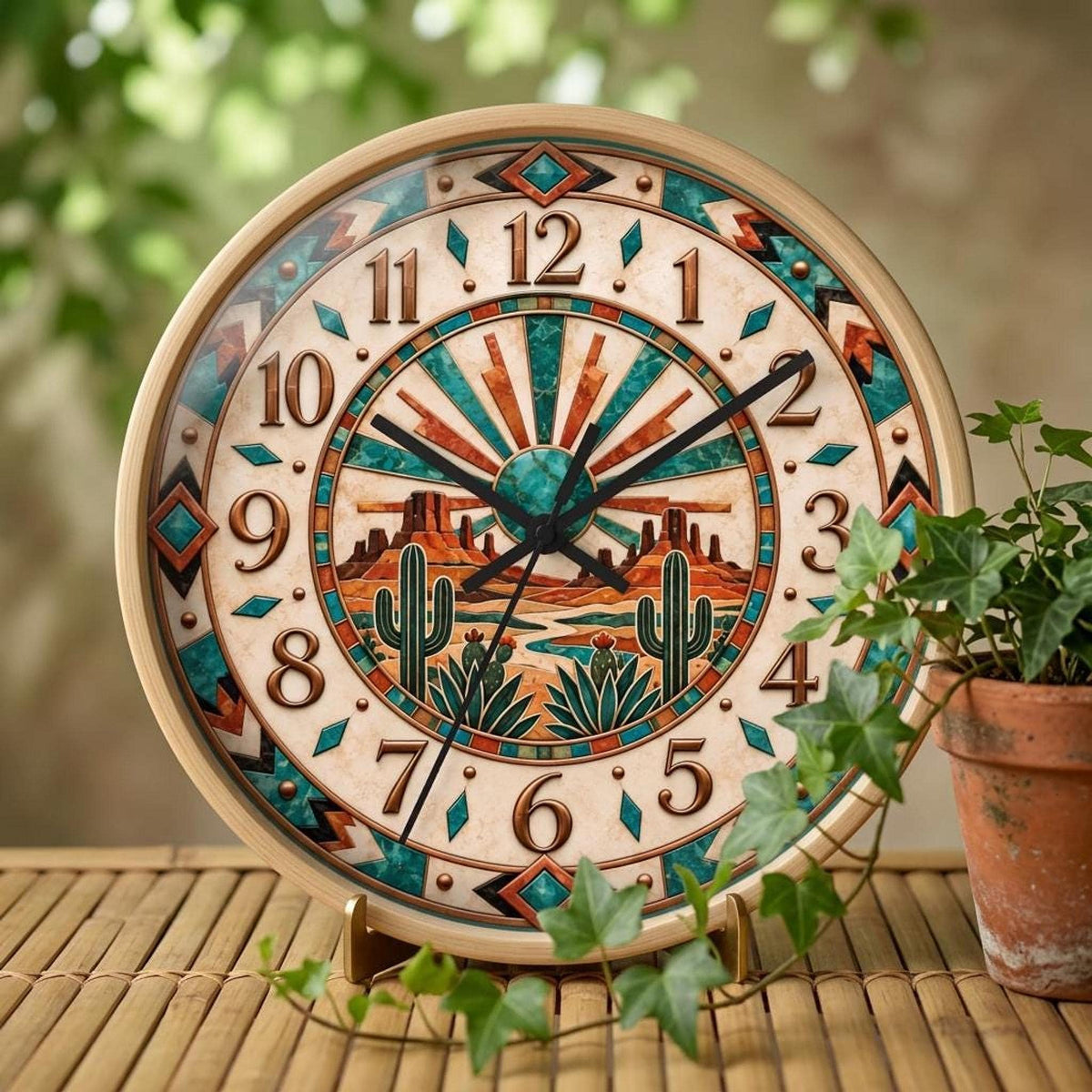 Southwest Desert Sunburst Wall Clock | Cactus Mesa Aztec Tile Design