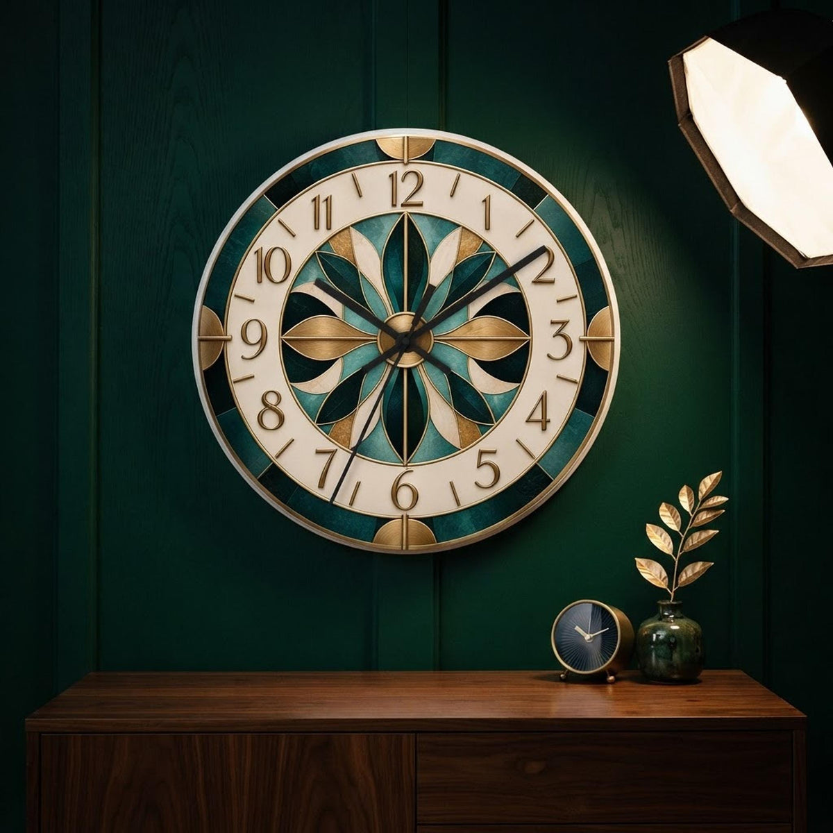 Silent Wall Clock, Teal Gold Mandala with Quartz Movement and Three Frame Options