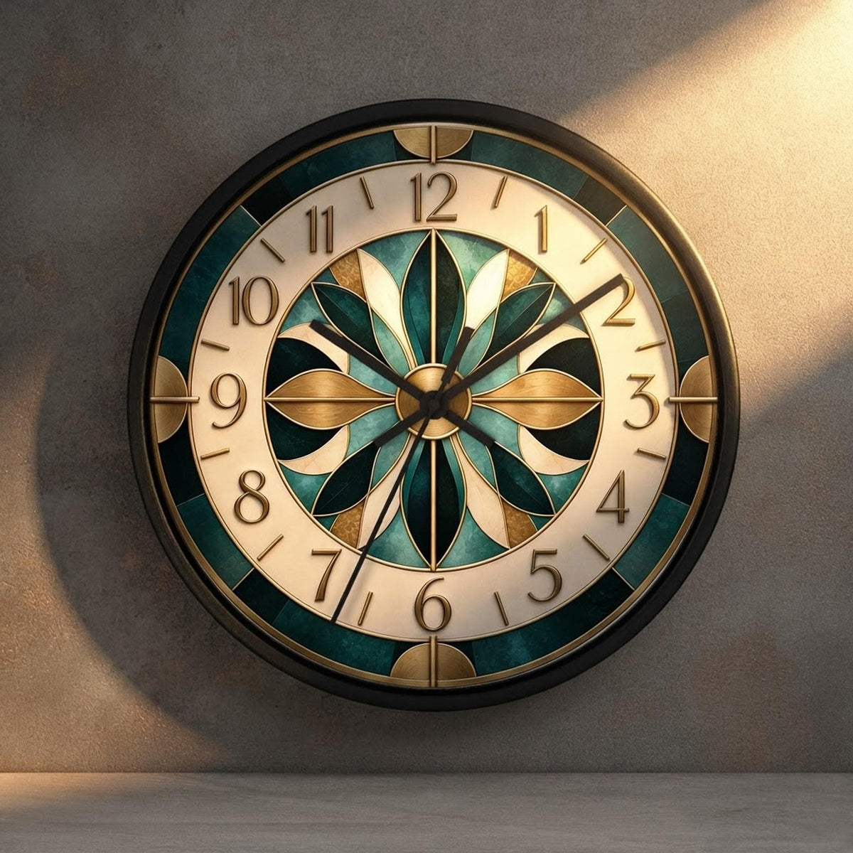 Silent Wall Clock, Teal Gold Mandala with Quartz Movement and Three Frame Options