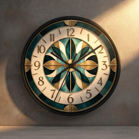 Silent Wall Clock, Teal Gold Mandala with Quartz Movement and Three Frame Options