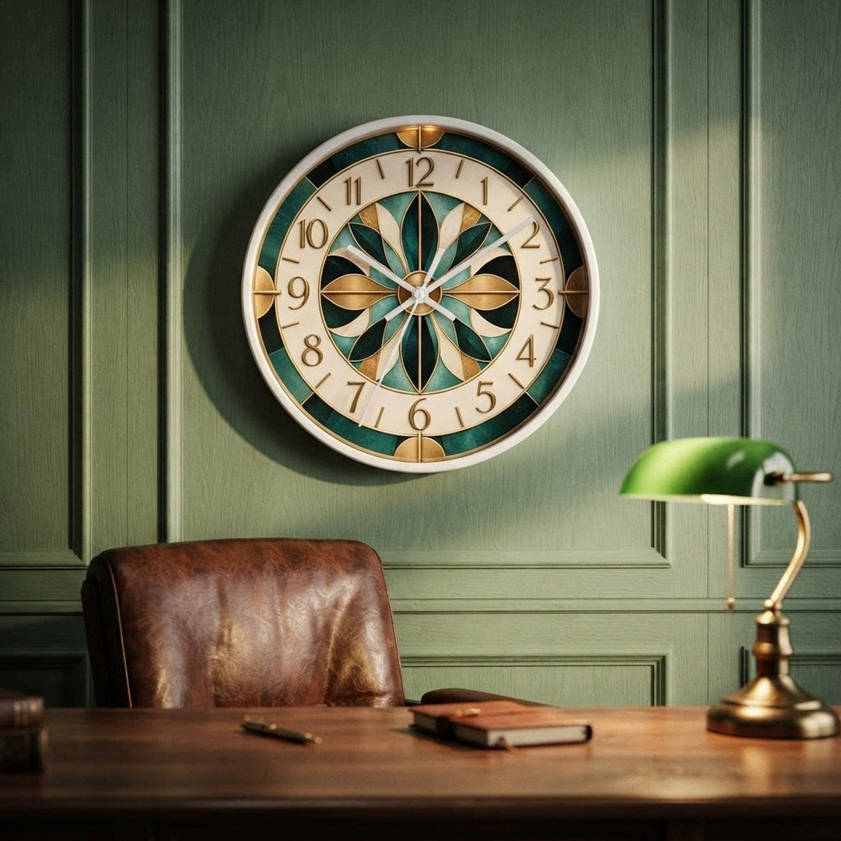 Silent Wall Clock, Teal Gold Mandala with Quartz Movement and Three Frame Options