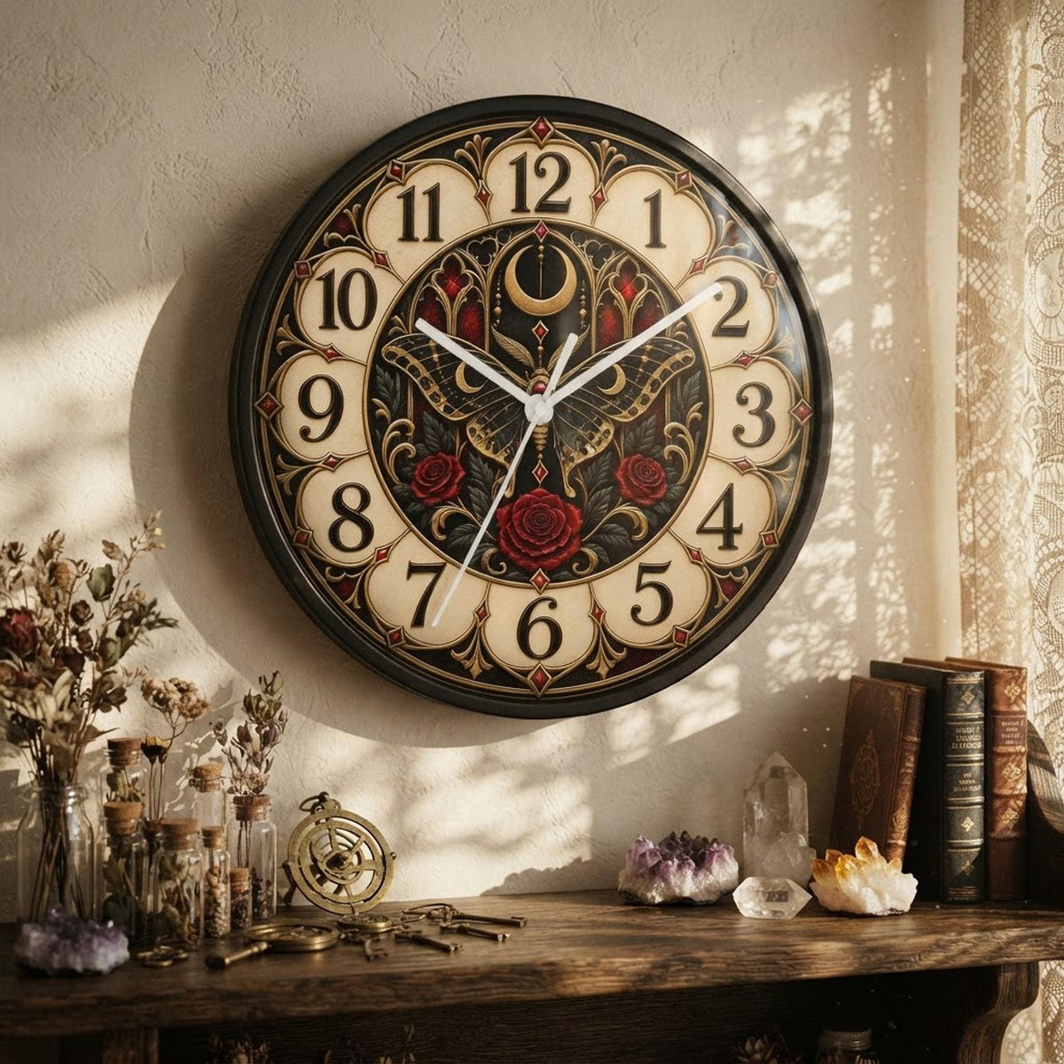 Gothic Wall Clock, Moth Crescent Moon Artwork, 10-Inch Plexiglass Face, Silent Wooden Frame