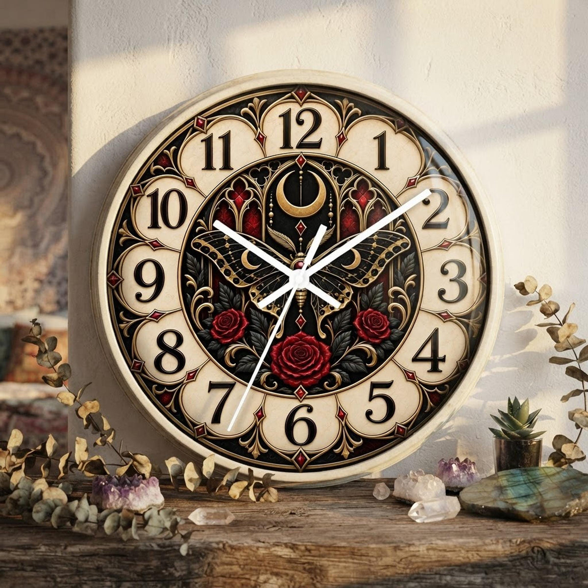 Gothic Wall Clock, Moth Crescent Moon Artwork, 10-Inch Plexiglass Face, Silent Wooden Frame