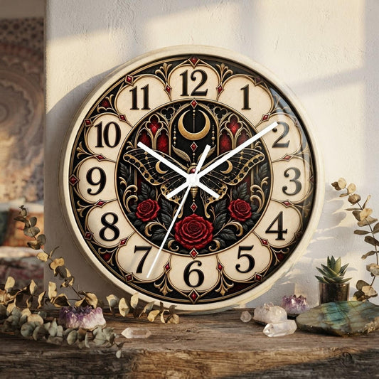 Gothic Wall Clock, Moth Crescent Moon Artwork, 10-Inch Plexiglass Face, Silent Wooden Frame