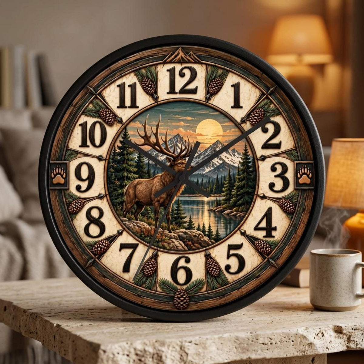 Elk Mountain Wall Clock, 10-Inch 100% Wood Frame with Silent Movement