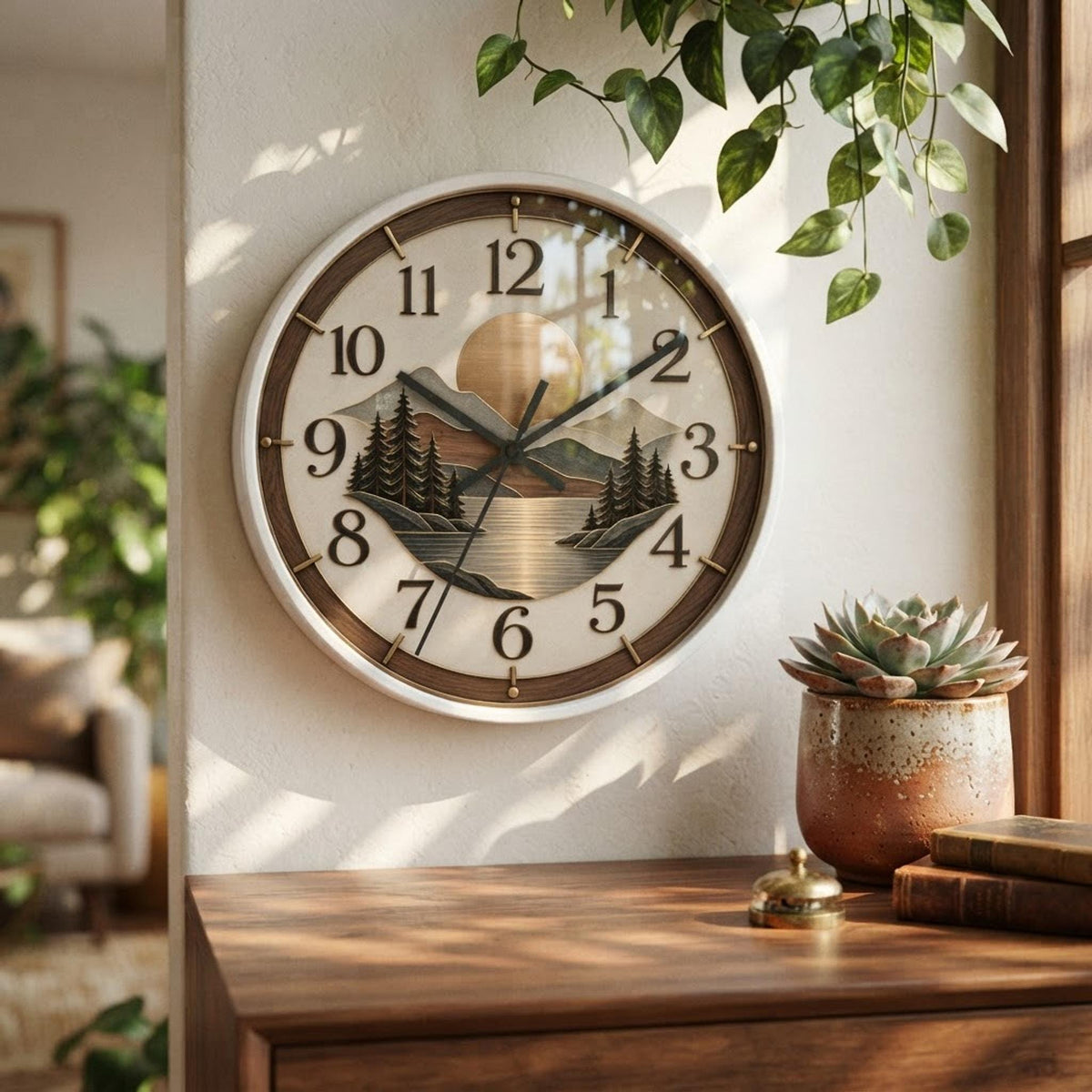 Woodland Sunset landscape Wall Clock | Mountain Lake Pines, Rustic Home Decor