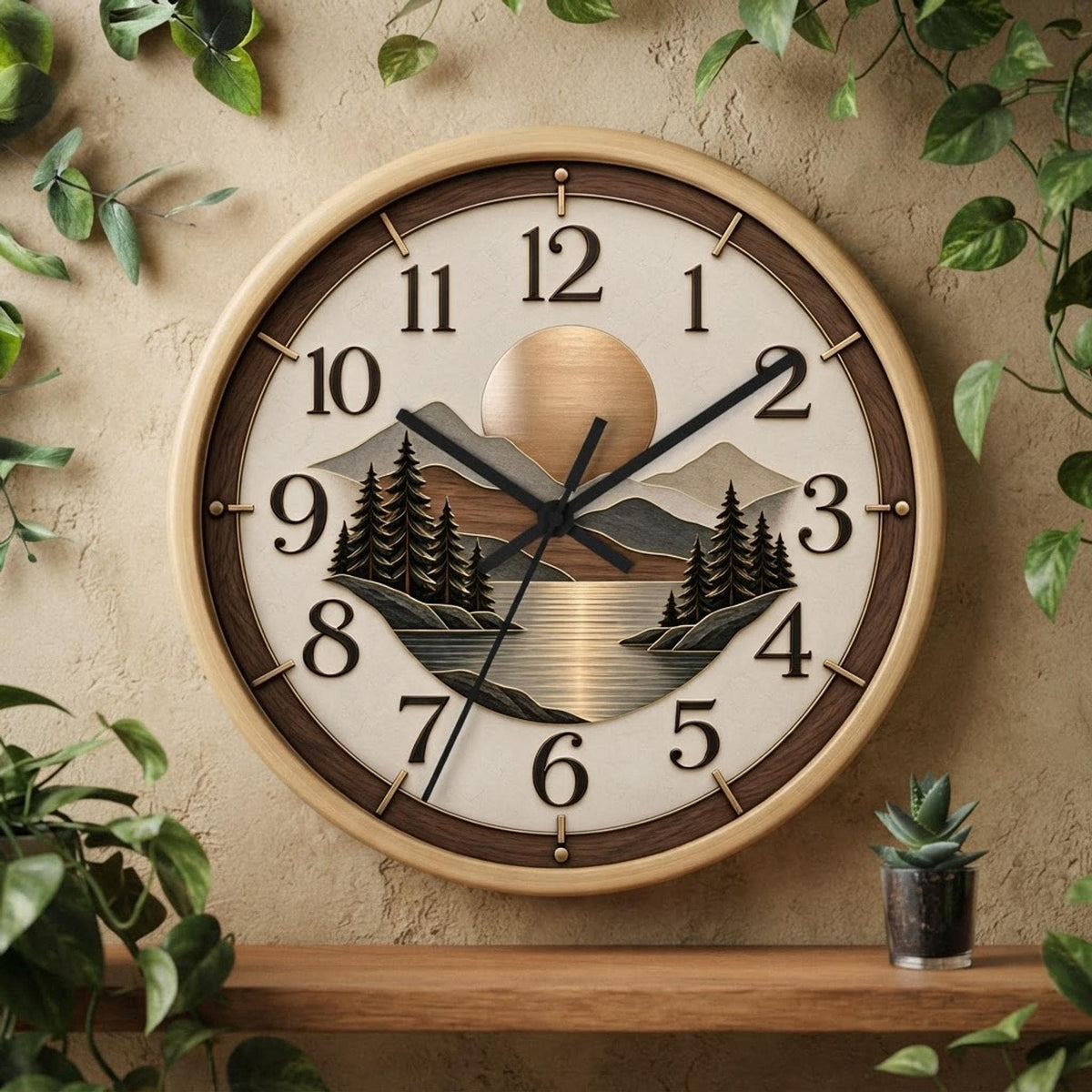 Woodland Sunset landscape Wall Clock | Mountain Lake Pines, Rustic Home Decor
