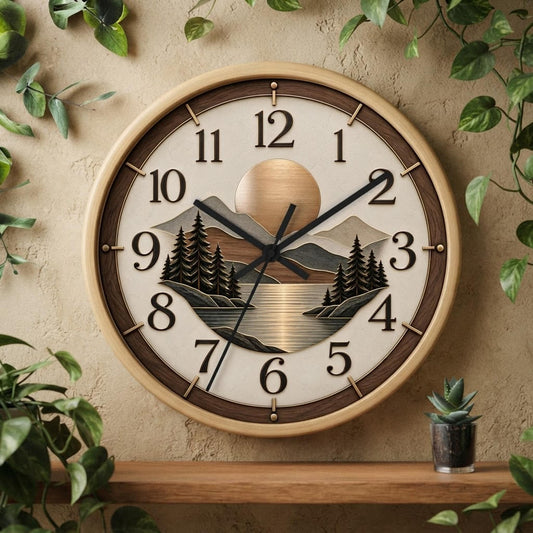 Woodland Sunset landscape Wall Clock | Mountain Lake Pines, Rustic Home Decor