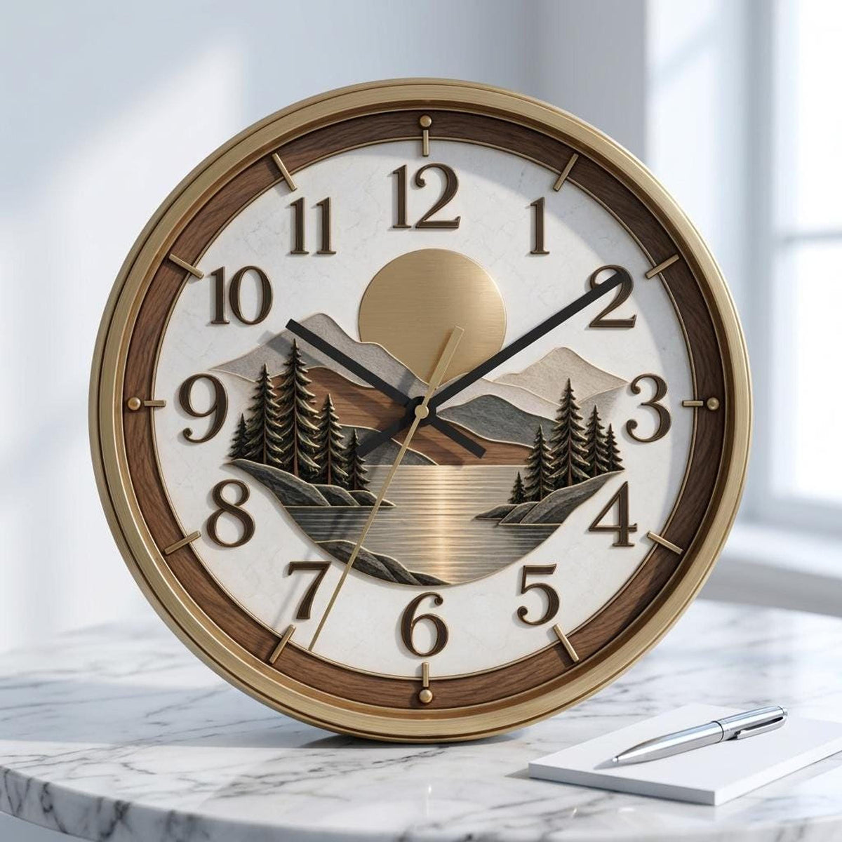 Woodland Sunset landscape Wall Clock | Mountain Lake Pines, Rustic Home Decor