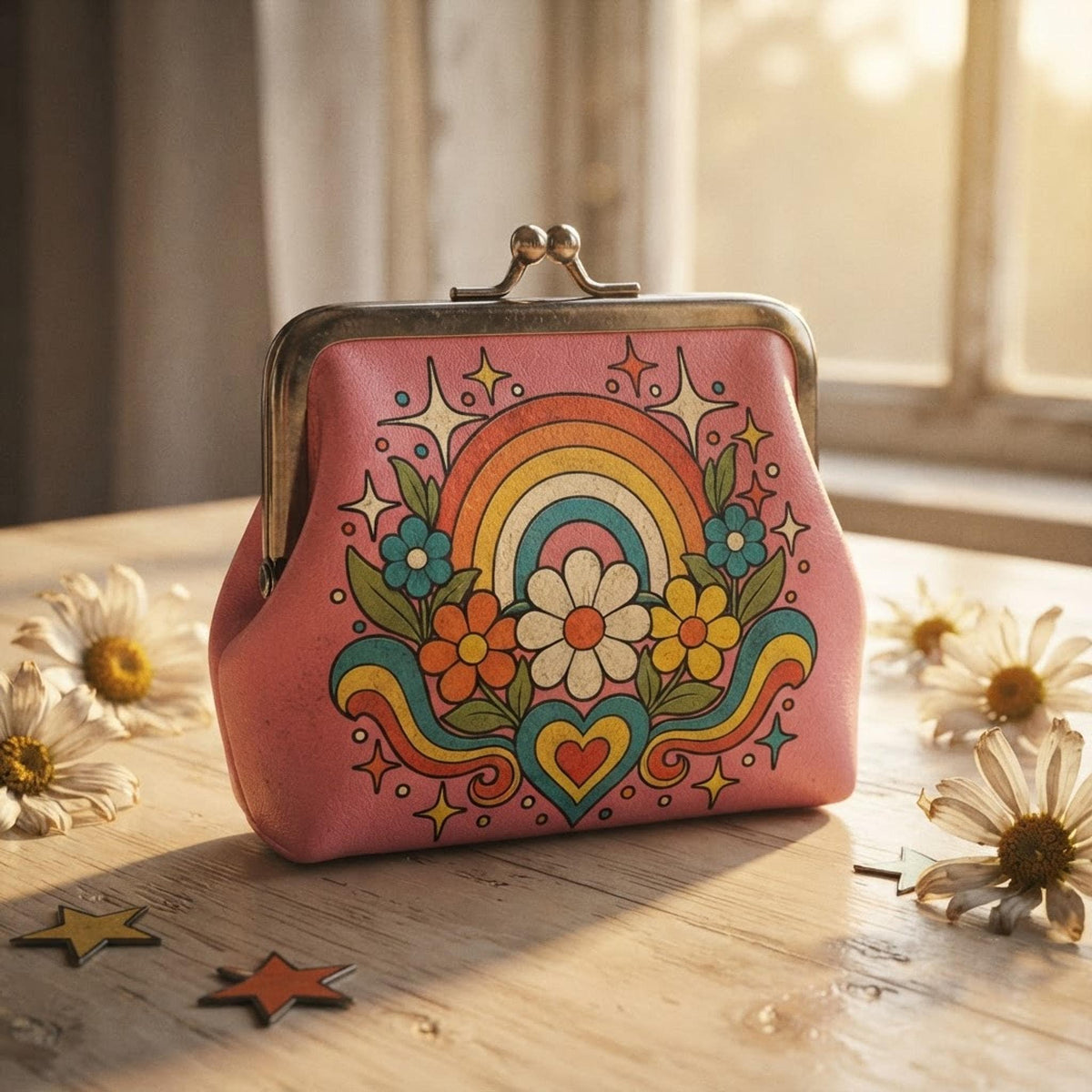Retro Rainbow Coin Purse, Floral Microfiber PU Leather Kiss Lock Closure