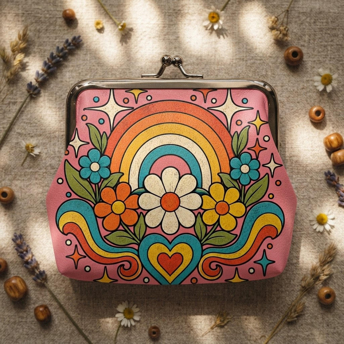 Retro Rainbow Coin Purse, Floral Microfiber PU Leather Kiss Lock Closure