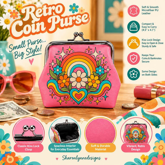 Retro Rainbow Coin Purse, Floral Microfiber PU Leather Kiss Lock Closure