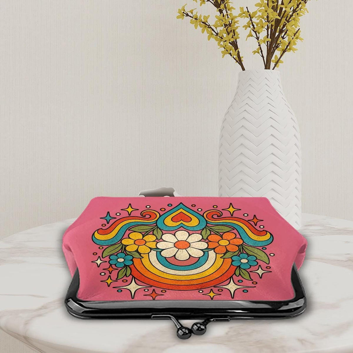 Retro Rainbow Coin Purse, Floral Microfiber PU Leather Kiss Lock Closure