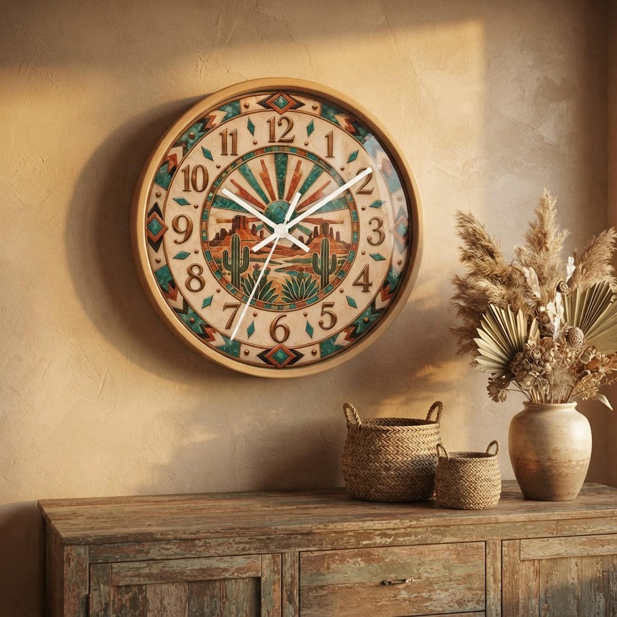 Southwest Desert Sunburst Wall Clock | Cactus Mesa Aztec Tile Design