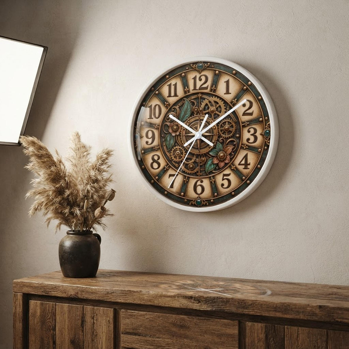 Steampunk Gear Wall Clock, 10-Inch Square Floral Design with Silent Movement