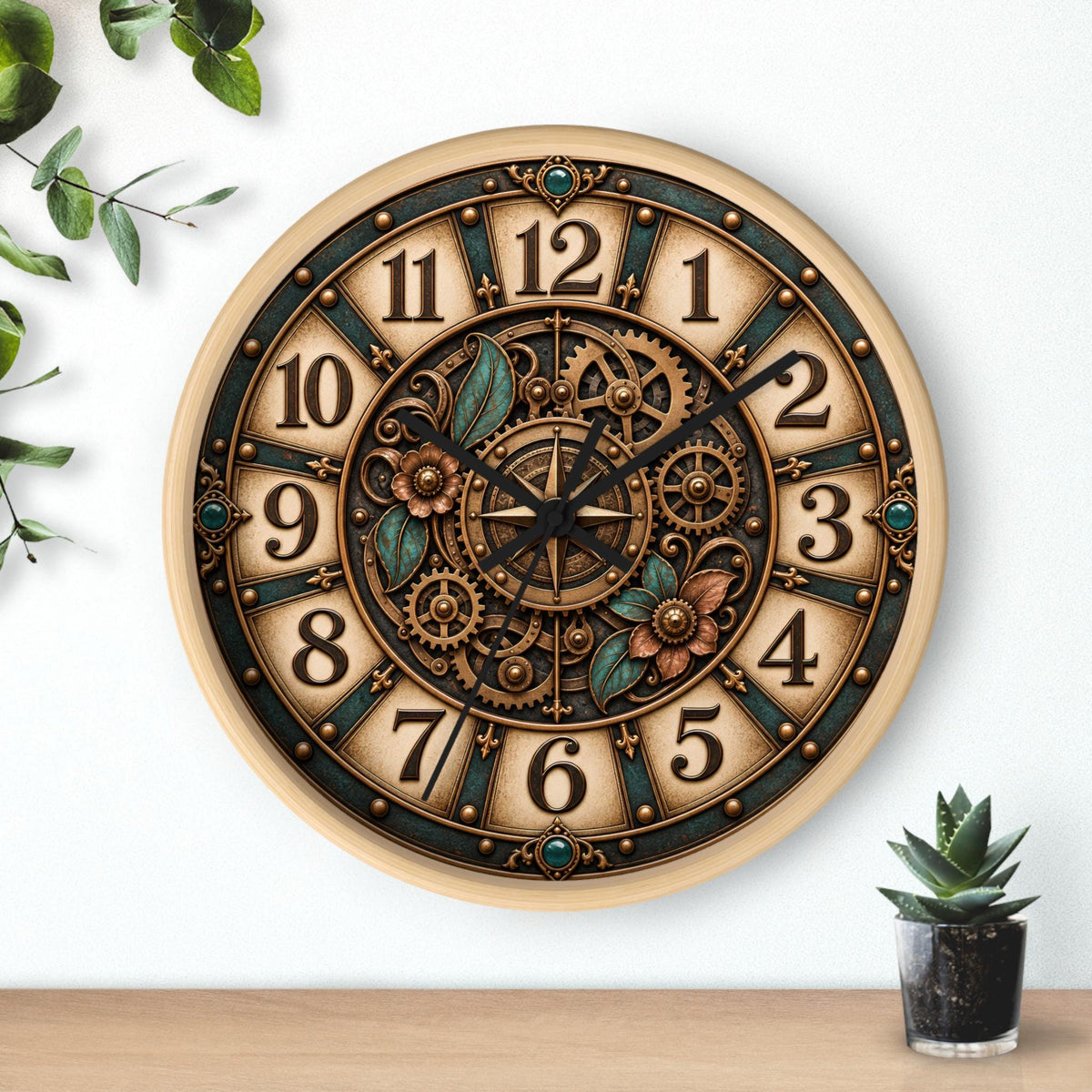 Steampunk Gear Wall Clock, 10-Inch Square Floral Design with Silent Movement