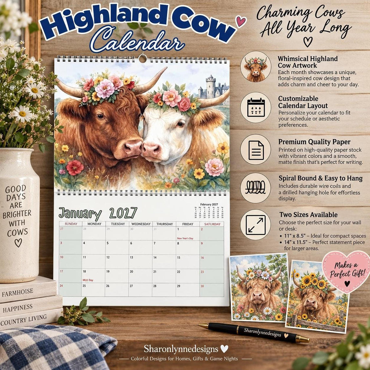 Highland Cow Calendar 2027, Floral Wall Planner with Wire Binding