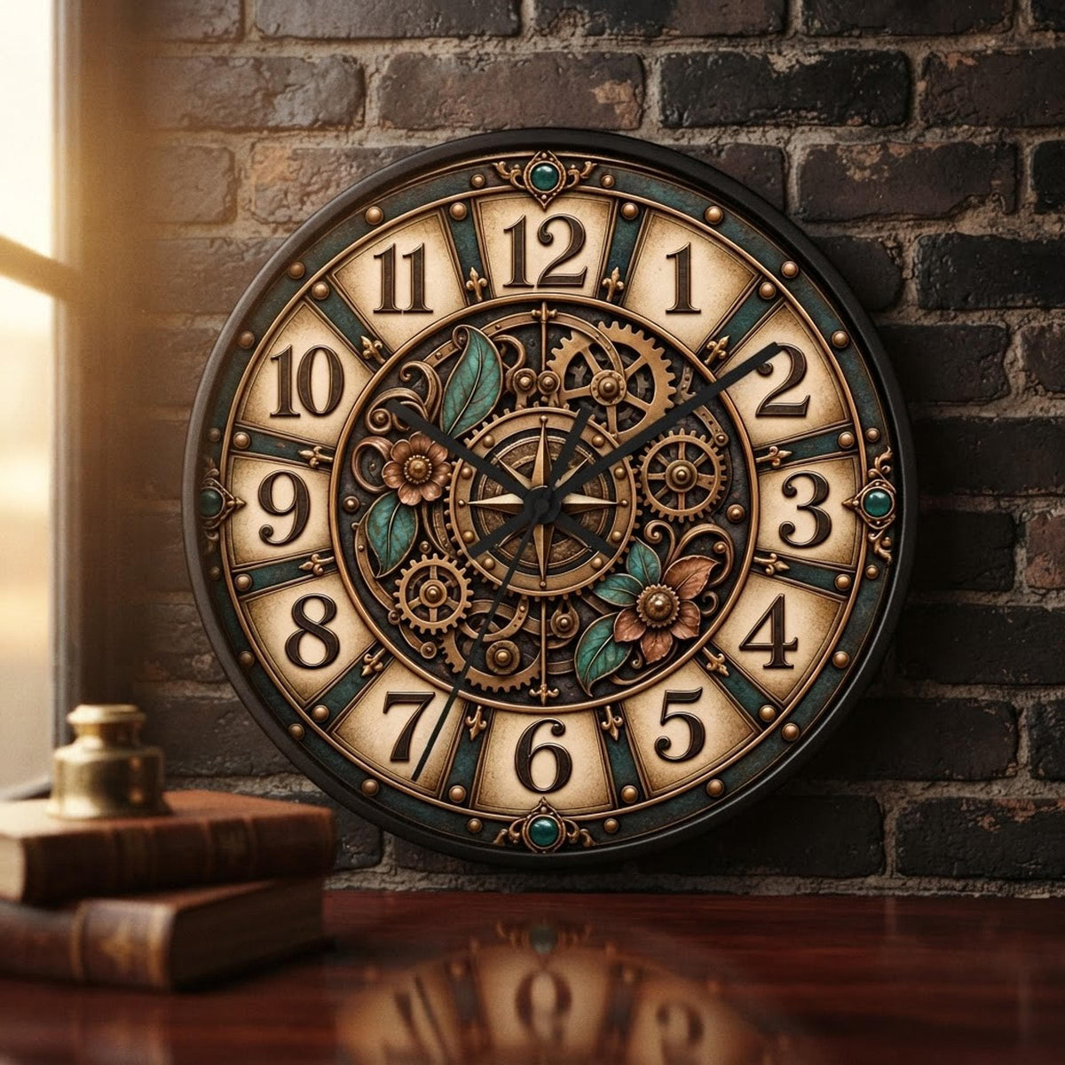 Steampunk Gear Wall Clock, 10-Inch Square Floral Design with Silent Movement