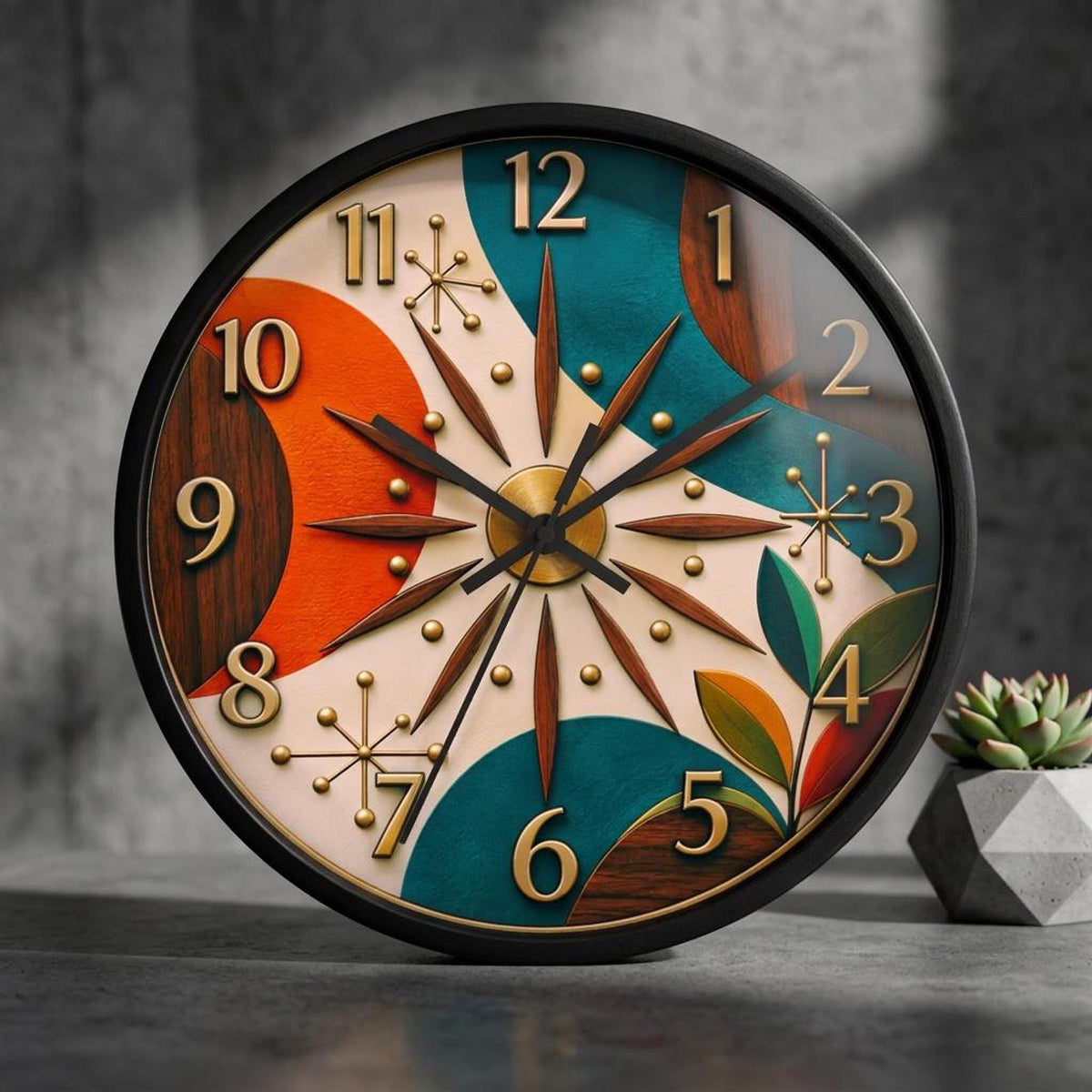 Mid Century Starburst Wall Clock | Retro Atomic Design, Teal Orange Wood Accents