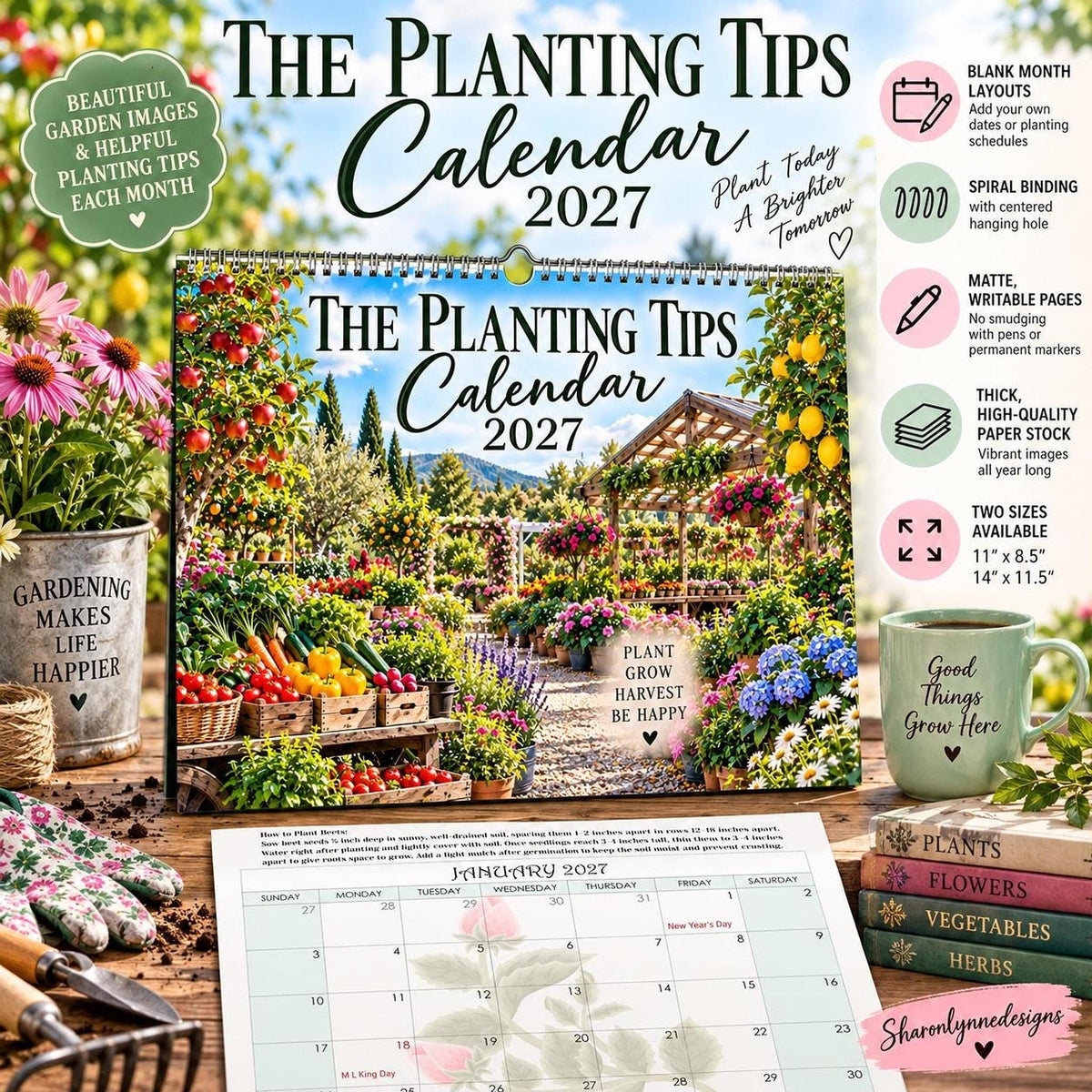 Planting Calendar 2027, Spiral-Bound Garden Planner with Writable Matte Grid Pages