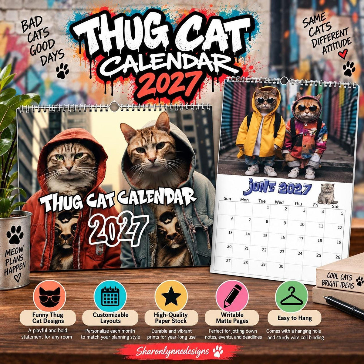 Funny Thug Cat 2027 Wall Calendar: Playful Monthly Planner