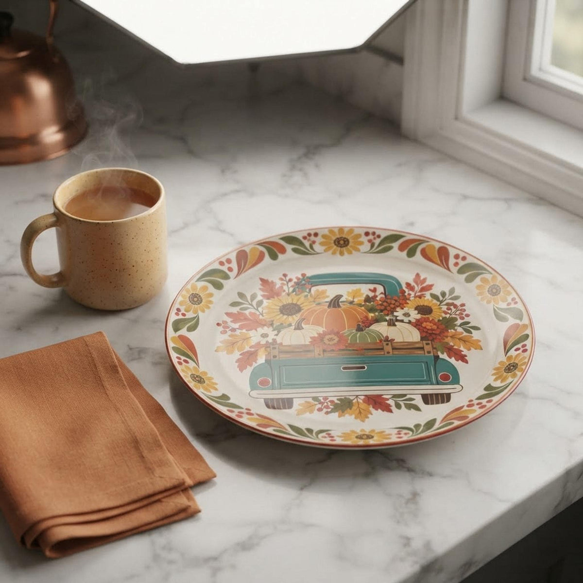 Fall Dinner Plate, 10-Inch Polymer with Vintage Teal Truck Design