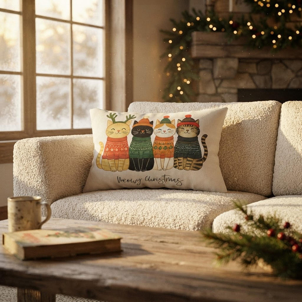 Christmas Cat Pillow, Polyester Lumbar Cushion with Double-Sided Meowy Print