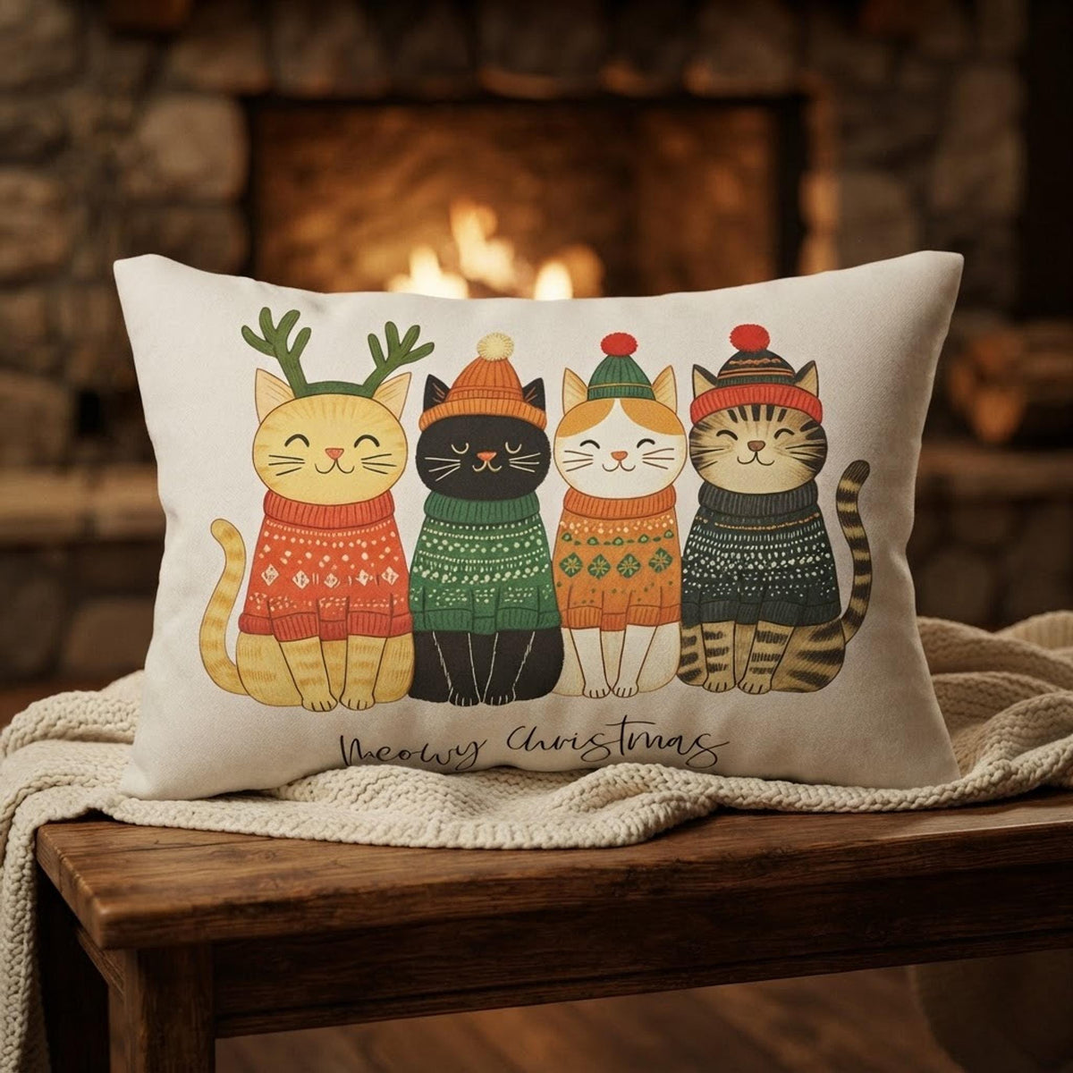 Christmas Cat Pillow, Polyester Lumbar Cushion with Double-Sided Meowy Print
