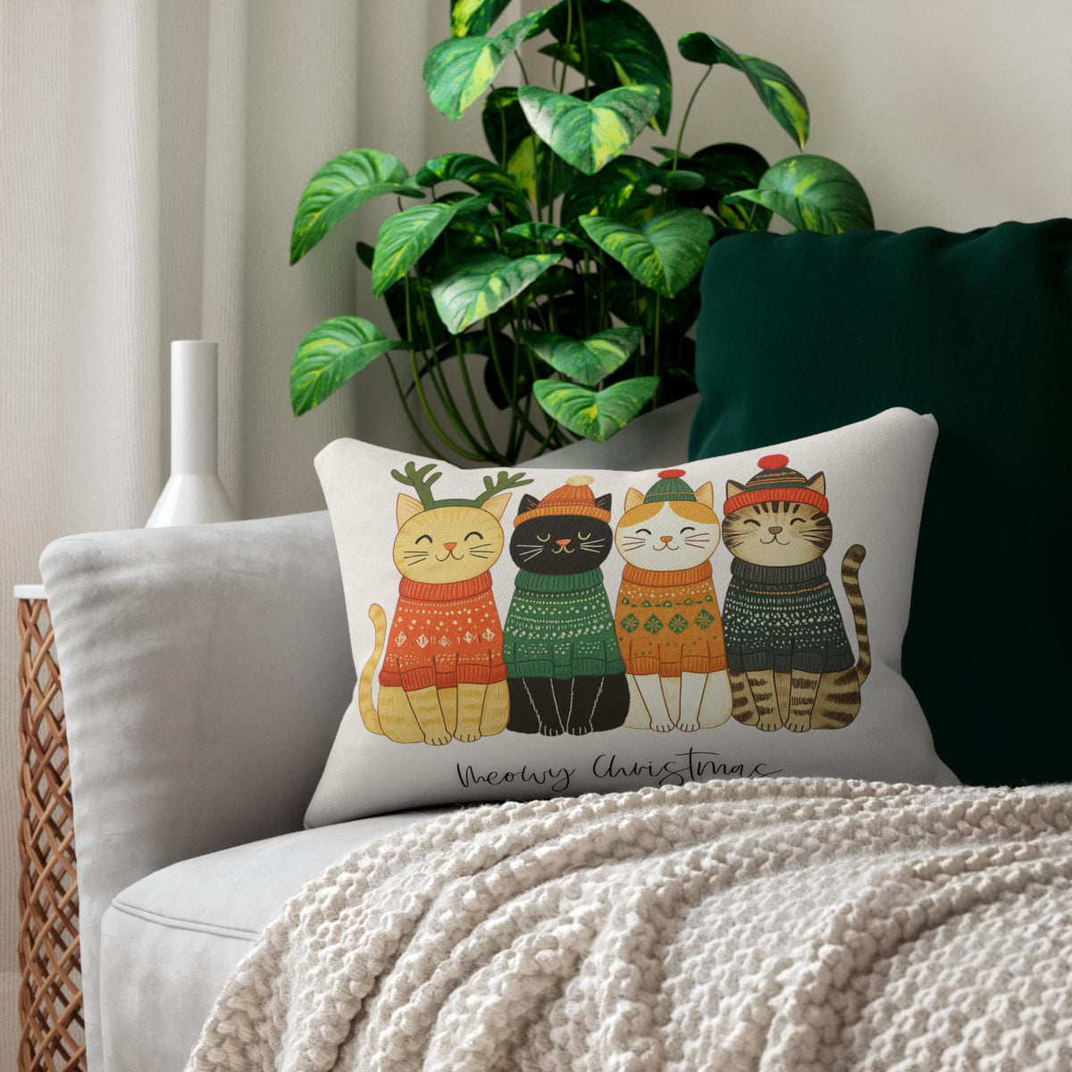 Christmas Cat Pillow, Polyester Lumbar Cushion with Double-Sided Meowy Print