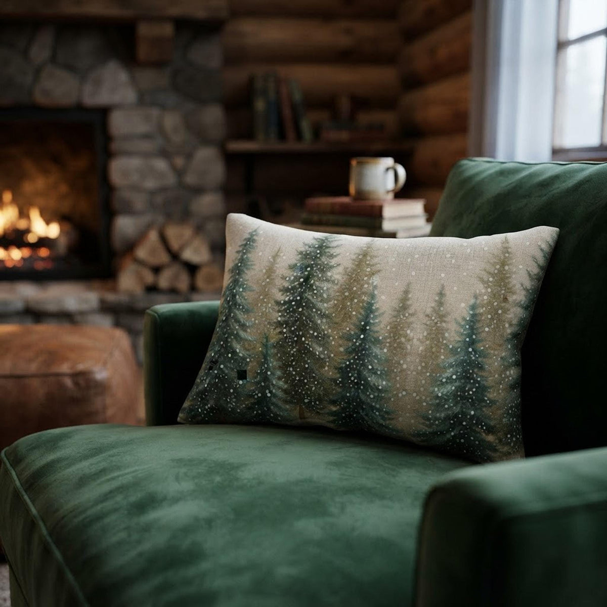 Snowy Pine Pillow, Polyester Lumbar Throw Cushion with Double-Sided Evergreen Design