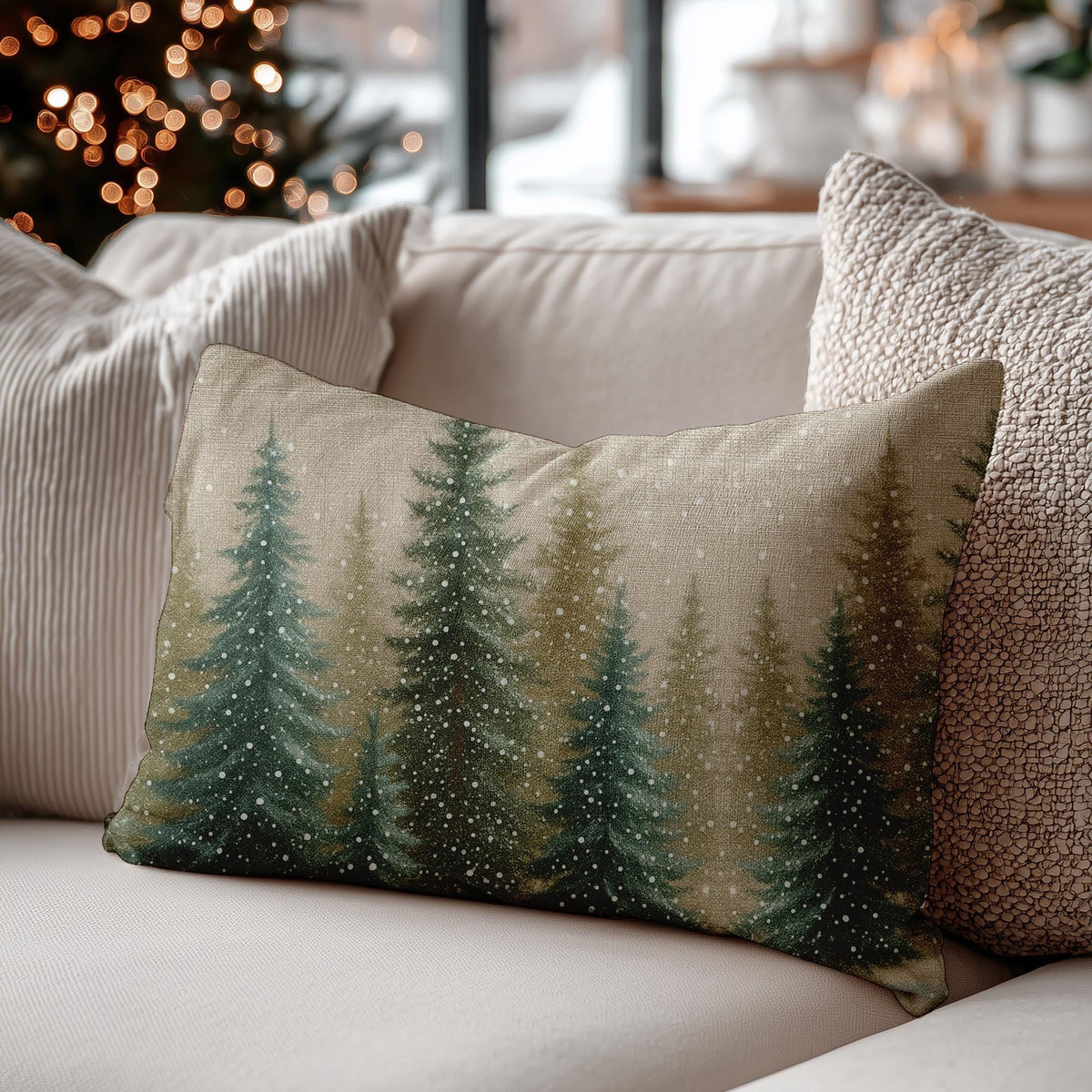Snowy Pine Pillow, Polyester Lumbar Throw Cushion with Double-Sided Evergreen Design