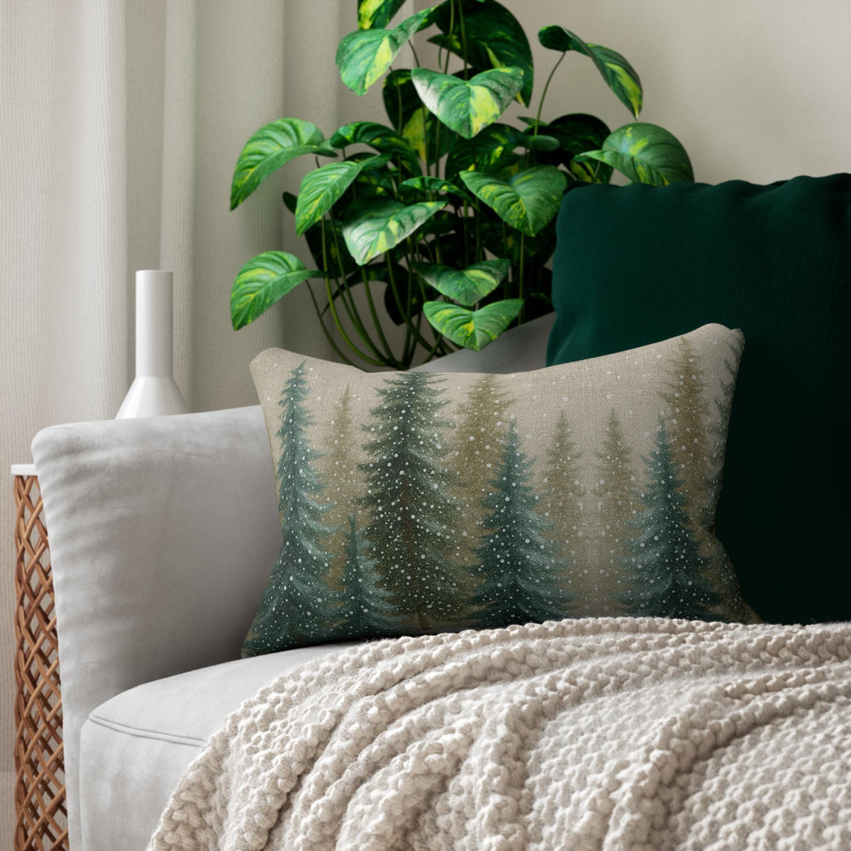 Snowy Pine Pillow, Polyester Lumbar Throw Cushion with Double-Sided Evergreen Design